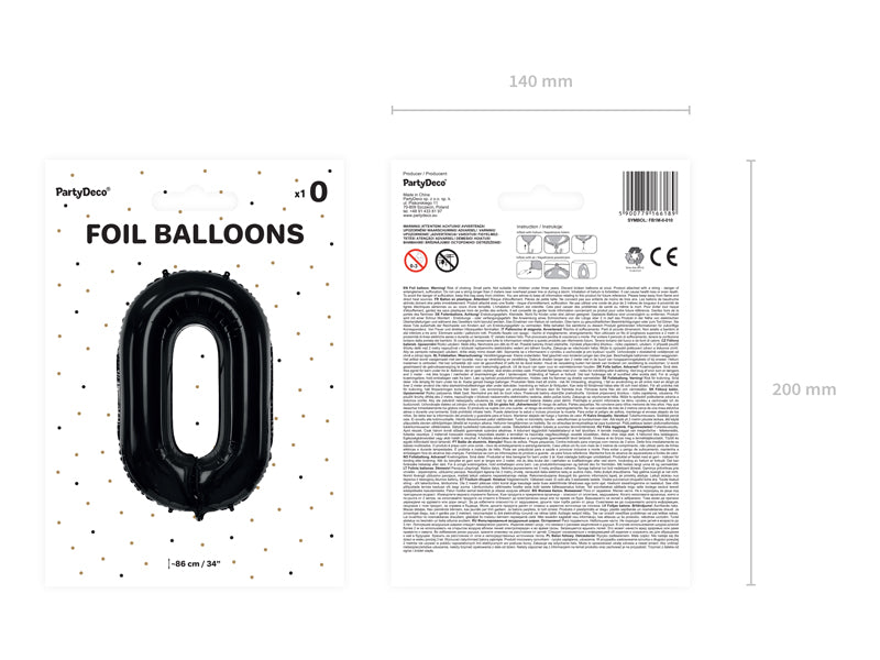 Folija balons Cipars ''0'', 86cm, melns (Foil Balloon Number '', black)