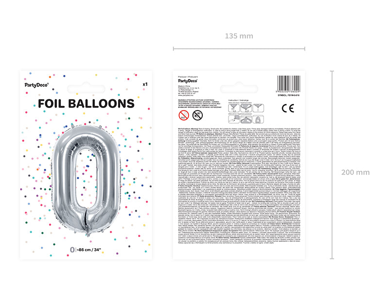 Folija balons Cipars ''0'', 86cm, sudrabs (Foil Balloon Number '', silver)