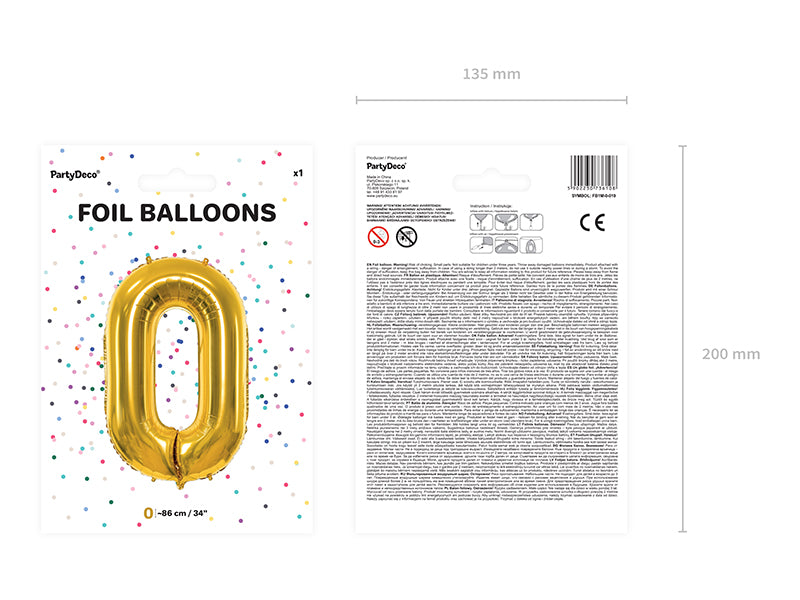Folija balons Cipars ''0'', 86cm, zelts (Foil Balloon Number '', gold)