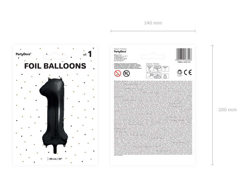 Folija balons Cipars ''1'', 86cm, melns (Foil Balloon Number '', black)