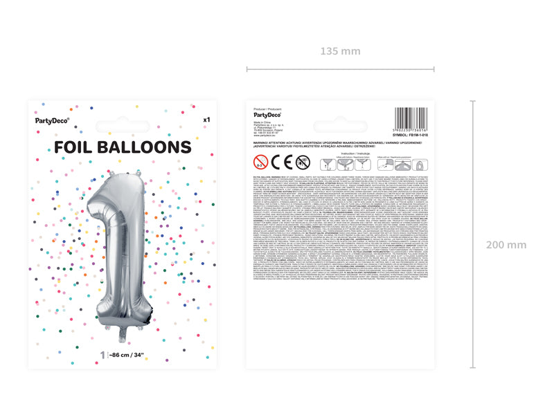 Folija balons Cipars ''1'', 86cm, sudrabs (Foil Balloon Number '', silver)