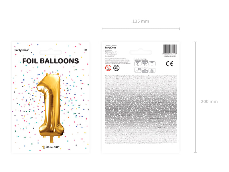 Folija balons Cipars ''1'', 86cm, zelts (Foil Balloon Number '', gold)