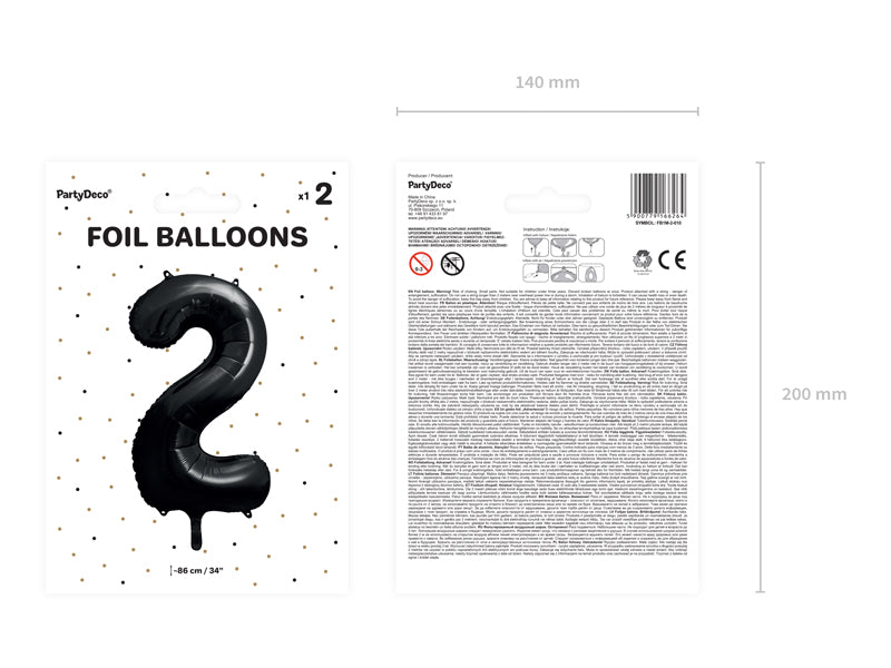 Folija balons Cipars ''2'', 86cm, melns (Foil Balloon Number '', black)