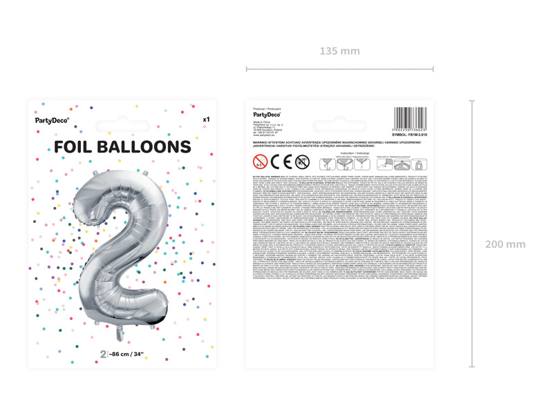 Folija balons Cipars ''2'', 86cm, sudrabs (Foil Balloon Number '', silver)