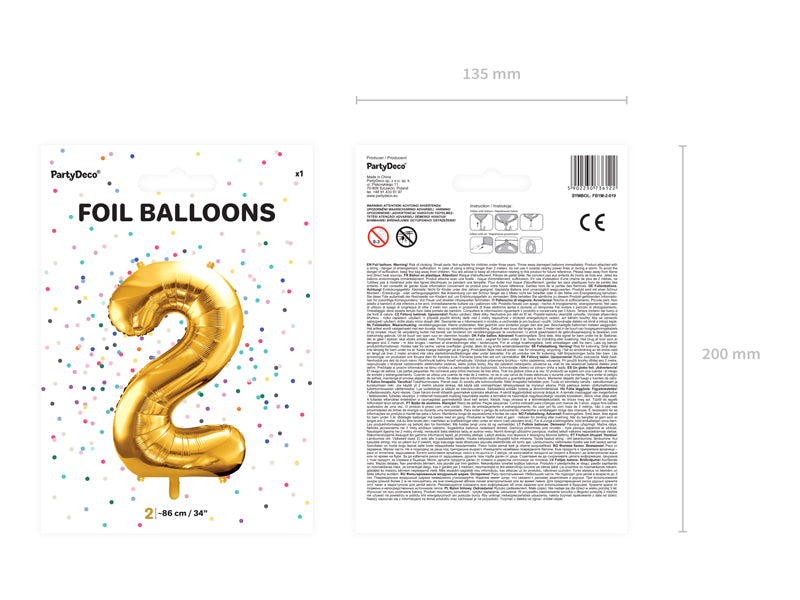 Folija balons Cipars ''2'', 86cm, zelts (Foil Balloon Number '', gold)