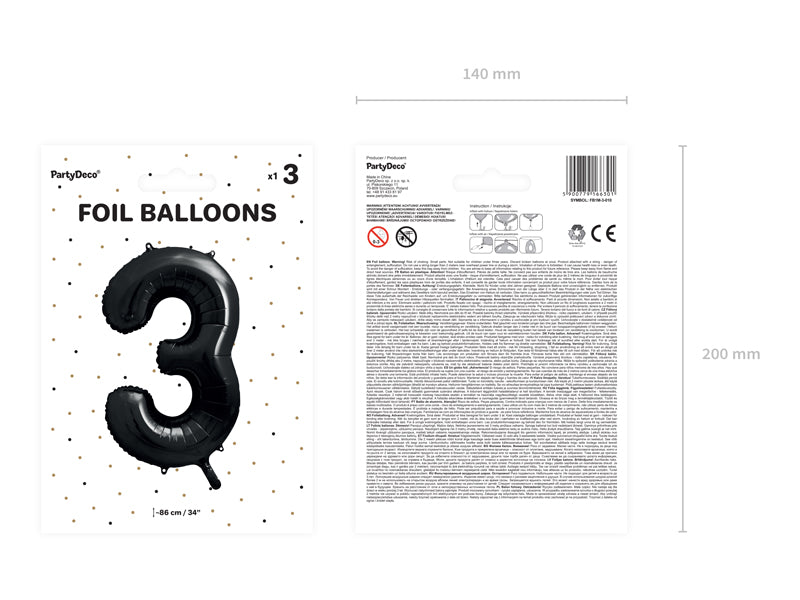 Folija balons Cipars ''3'', 86cm, melns (Foil Balloon Number '', black)