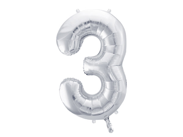 Folija balons Cipars ''3'', 86cm, sudrabs (Foil Balloon Number '', silver)