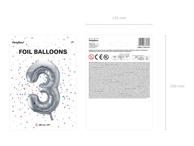 Folija balons Cipars ''3'', 86cm, sudrabs (Foil Balloon Number '', silver)
