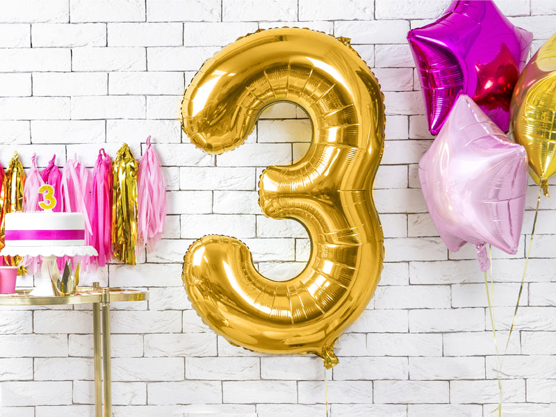 Folija balons Cipars ''3'', 86cm, zelts (Foil Balloon Number '', gold)