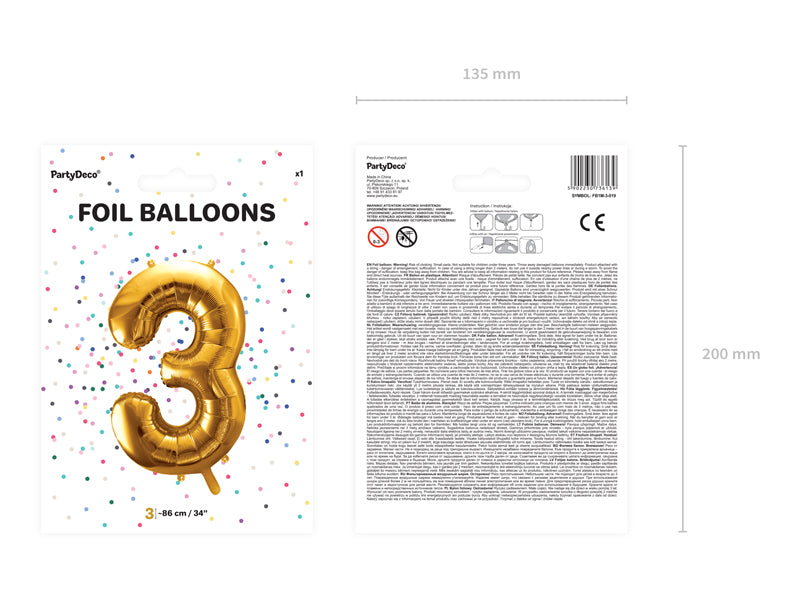 Folija balons Cipars ''3'', 86cm, zelts (Foil Balloon Number '', gold)