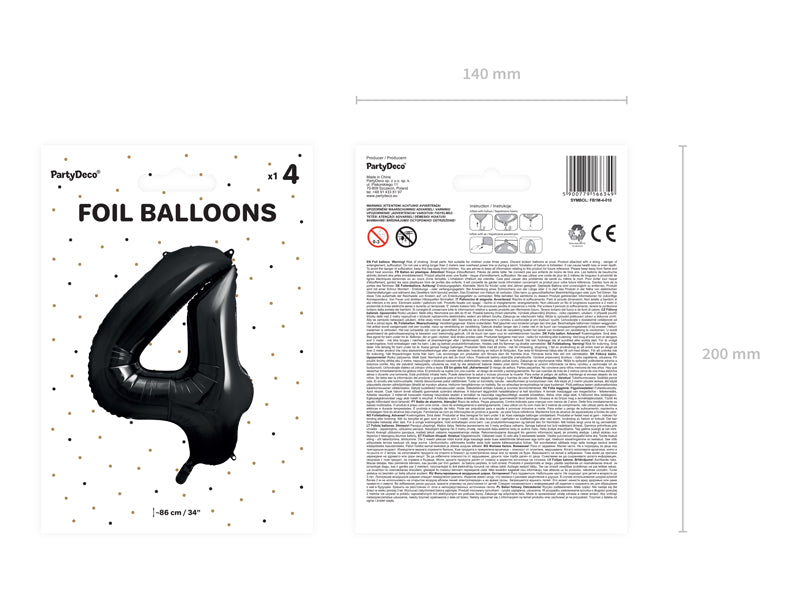 Folija balons Cipars ''4'', 86cm, melns (Foil Balloon Number '', black)