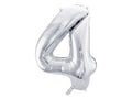 Folija balons Cipars ''4'', 86cm, sudrabs (Foil Balloon Number '', silver)