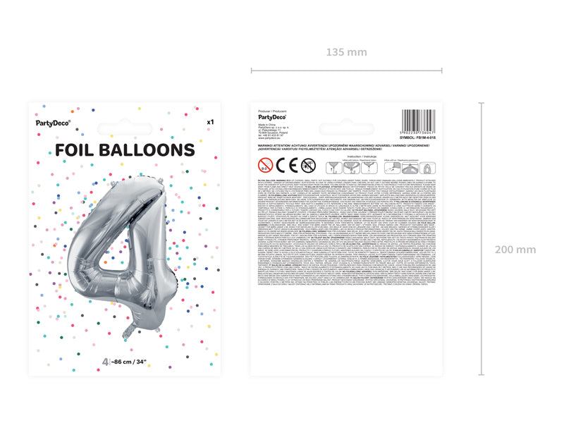 Folija balons Cipars ''4'', 86cm, sudrabs (Foil Balloon Number '', silver)