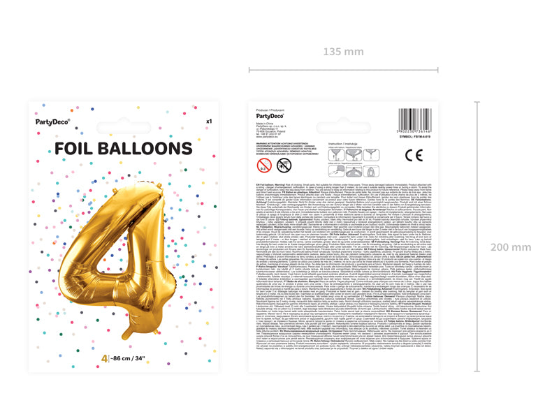 Folija balons Cipars ''4'', 86cm, zelts (Foil Balloon Number '', gold)