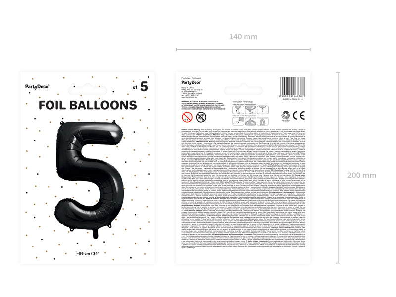 Folija balons Cipars ''5'', 86cm, melns (Foil Balloon Number '', black)