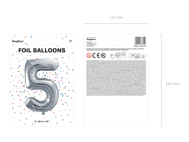 Folija balons Cipars ''5'', 86cm, sudrabs (Foil Balloon Number '', silver)