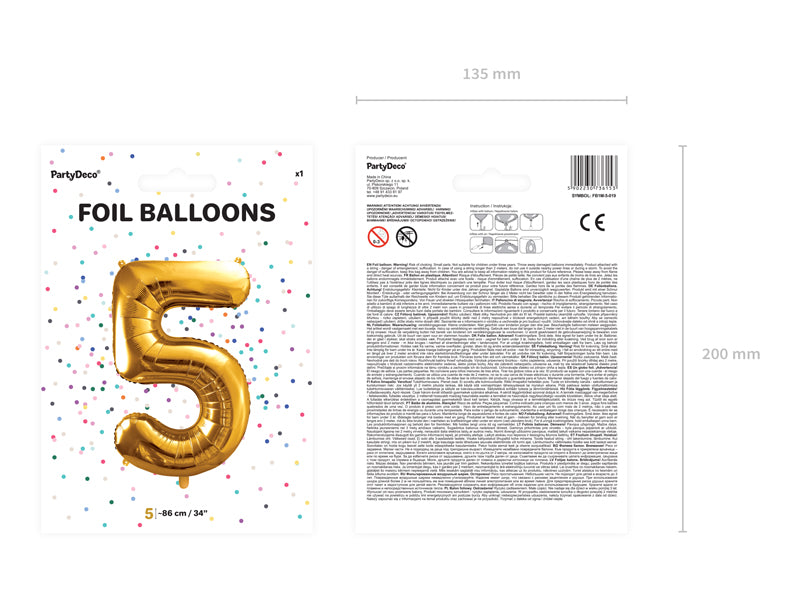 Folija balons Cipars ''5'', 86cm, zelts (Foil Balloon Number '', gold)