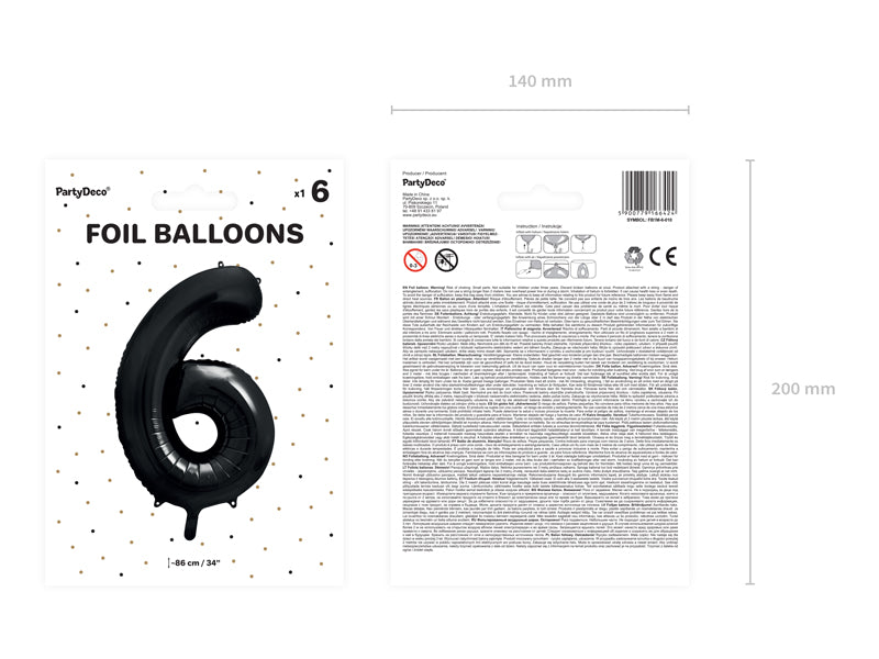 Folija balons Cipars ''6'', 86cm, melns (Foil Balloon Number '', black)