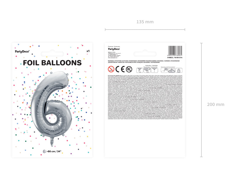 Folija balons Cipars ''6'', 86cm, sudrabs (Foil Balloon Number '', silver)