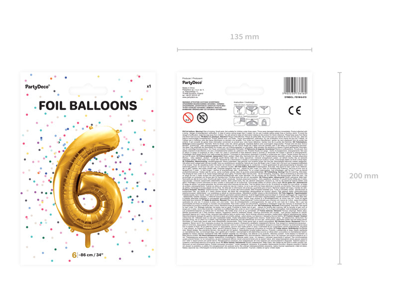 Folija balons Cipars ''6'', 86cm, zelts (Foil Balloon Number '', gold)