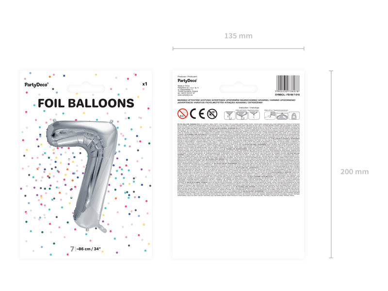 Folija balons Cipars ''7'', 86cm, sudrabs (Foil Balloon Number '', silver)