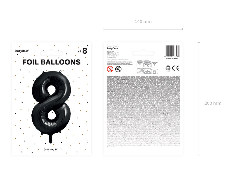 Folija balons Cipars ''8'', 86cm, melns (Foil Balloon Number '', black)