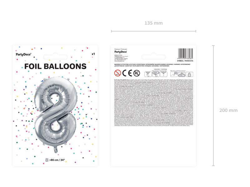 Folija balons Cipars ''8'', 86cm, sudrabs (Foil Balloon Number '', silver)