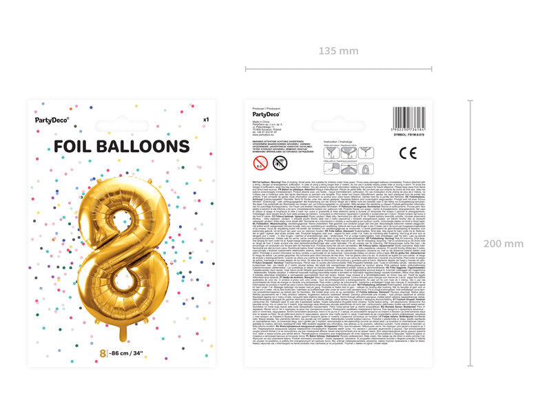 Folija balons Cipars ''8'', 86cm, zelts (Foil Balloon Number '', gold)