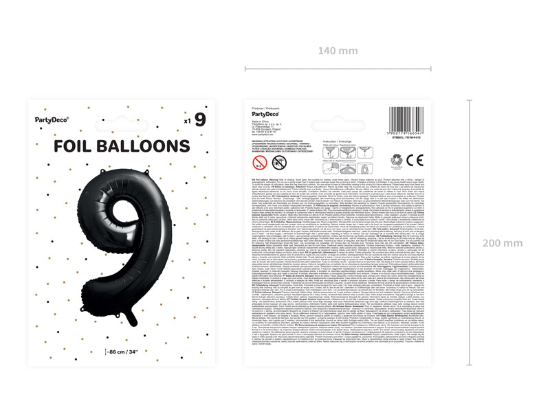 Folija balons Cipars ''9'', 86cm, melns (Foil Balloon Number '', black)