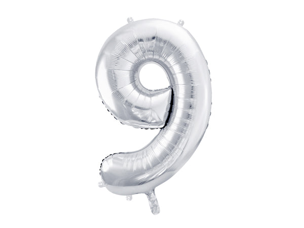 Folija balons Cipars ''9'', 86cm, sudrabs (Foil Balloon Number '', silver)