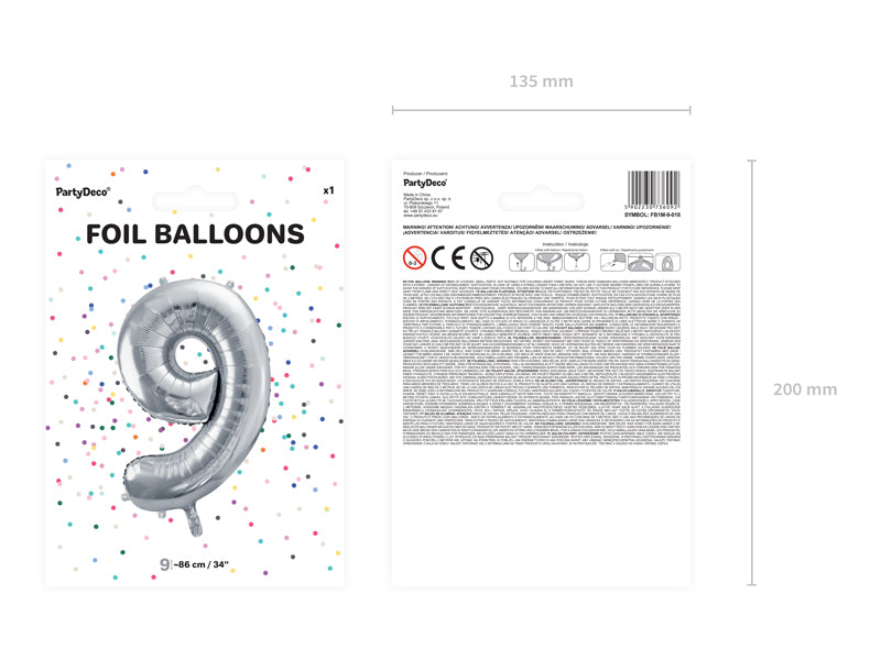 Folija balons Cipars ''9'', 86cm, sudrabs (Foil Balloon Number '', silver)