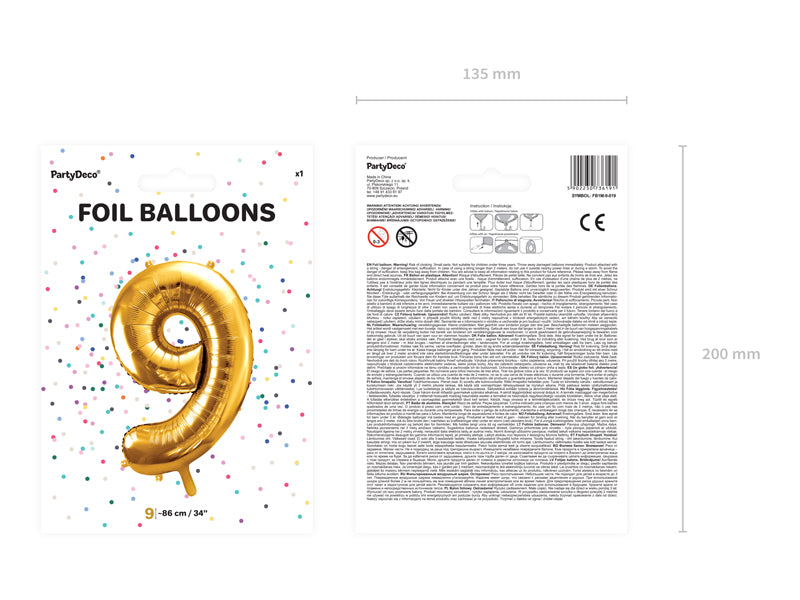Folija balons Cipars ''9'', 86cm, zelts (Foil Balloon Number '', gold)