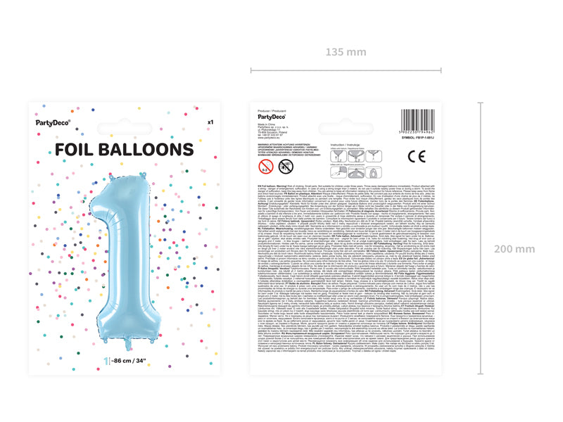 Folija balons Cipars ''1'', 86cm, light zils (Foil Balloon Number '', light blue)