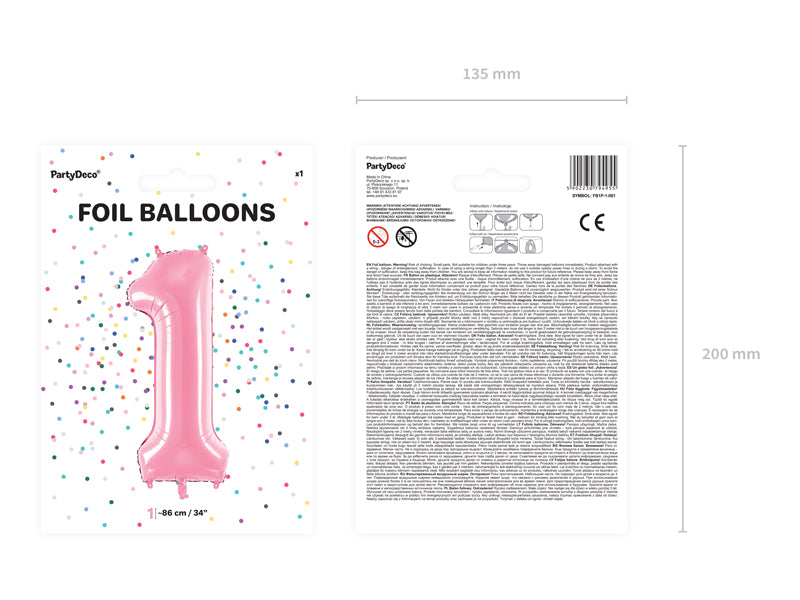Folija balons Cipars ''1'', 86cm, rozā (Foil Balloon Number '', pink)