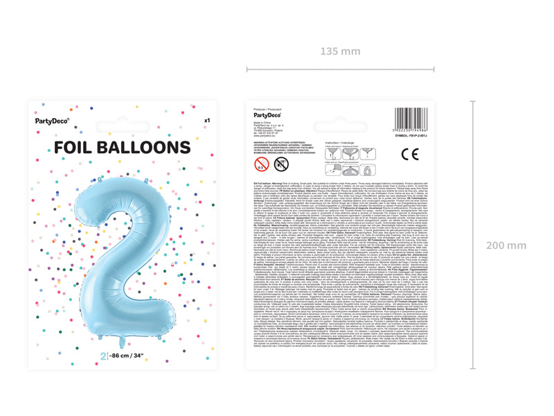 Folija balons Cipars ''2'', 86cm, light zils (Foil Balloon Number '', light blue)