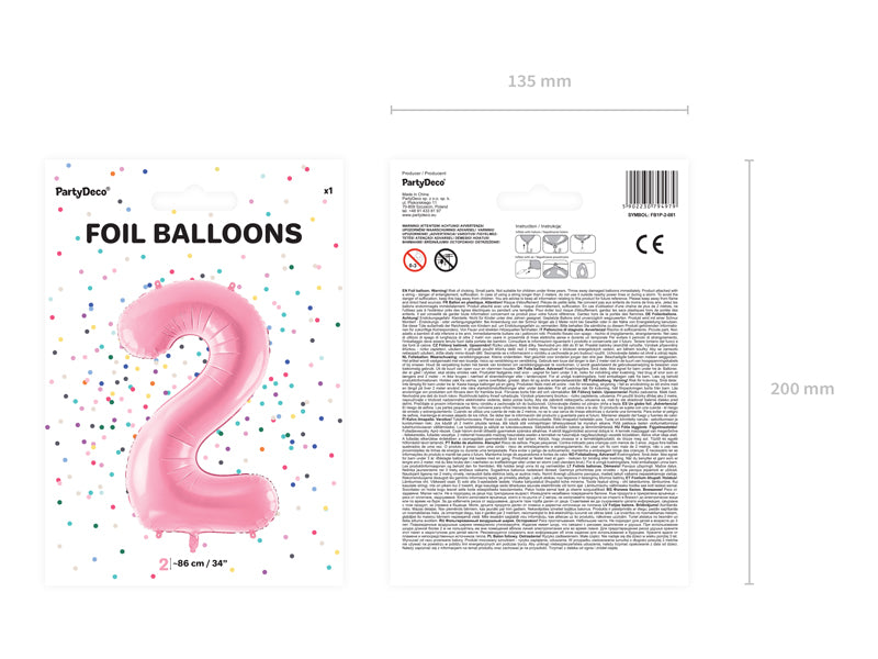 Folija balons Cipars ''2'', 86cm, rozā (Foil Balloon Number '', pink)