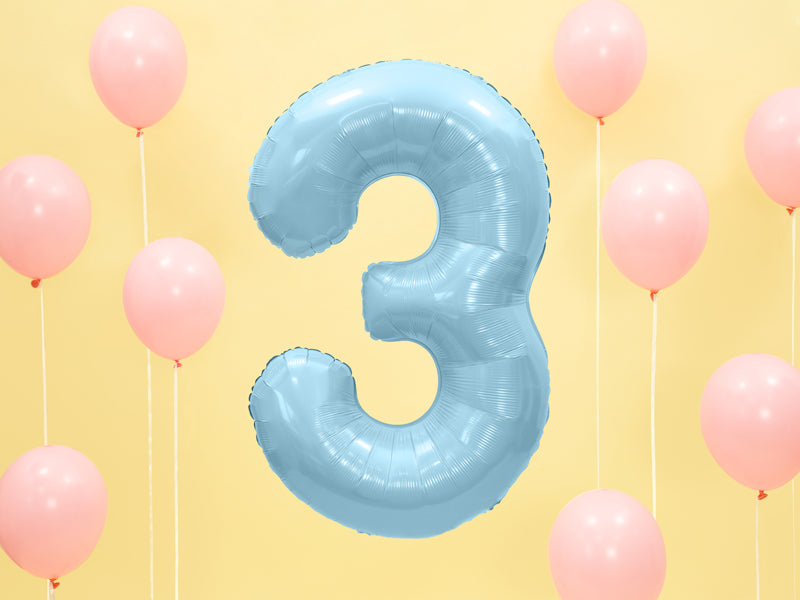 Folija balons Cipars ''3'', 86cm, light zils (Foil Balloon Number '', light blue)