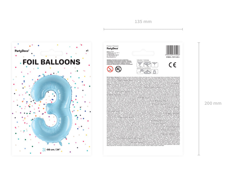 Folija balons Cipars ''3'', 86cm, light zils (Foil Balloon Number '', light blue)