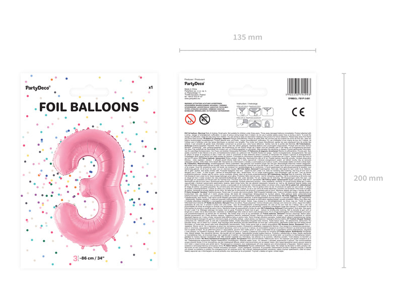 Folija balons Cipars ''3'', 86cm, rozā (Foil Balloon Number '', pink)