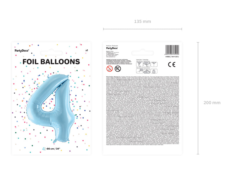 Folija balons Cipars ''4'', 86cm, light zils (Foil Balloon Number '', light blue)