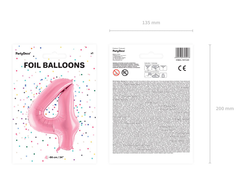 Folija balons Cipars ''4'', 86cm, rozā (Foil Balloon Number '', pink)
