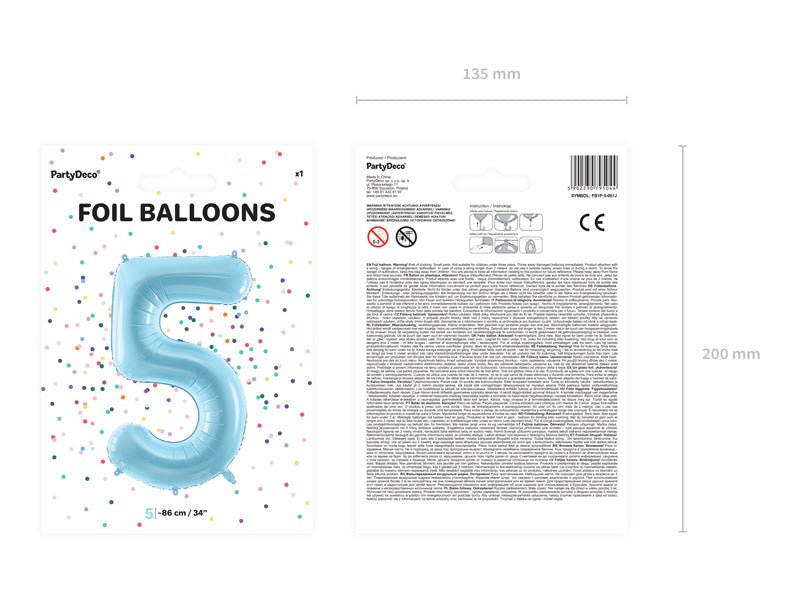 Folija balons Cipars ''5'', 86cm, light zils (Foil Balloon Number '', light blue)
