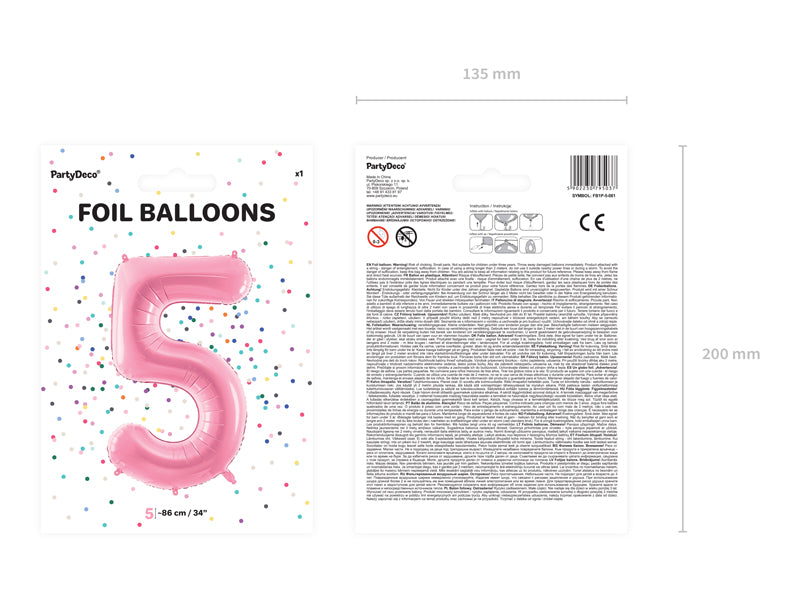 Folija balons Cipars ''5'', 86cm, rozā (Foil Balloon Number '', pink)