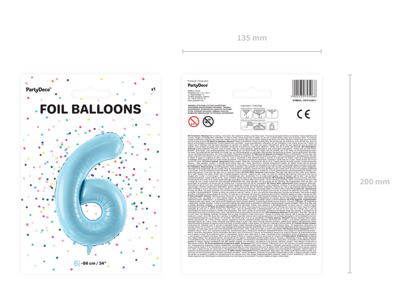 Folija balons Cipars ''6'', 86cm, light zils (Foil Balloon Number '', light blue)