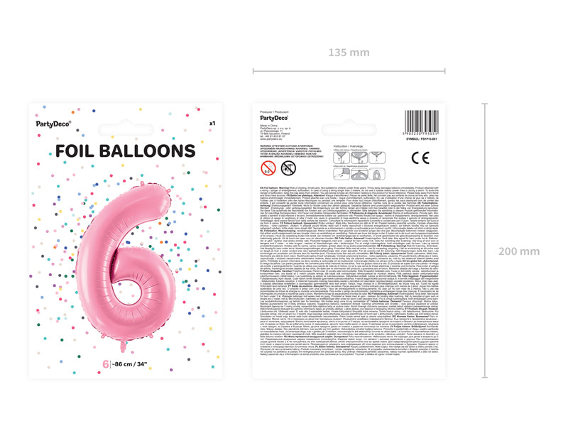Folija balons Cipars ''6'', 86cm, rozā (Foil Balloon Number '', pink)