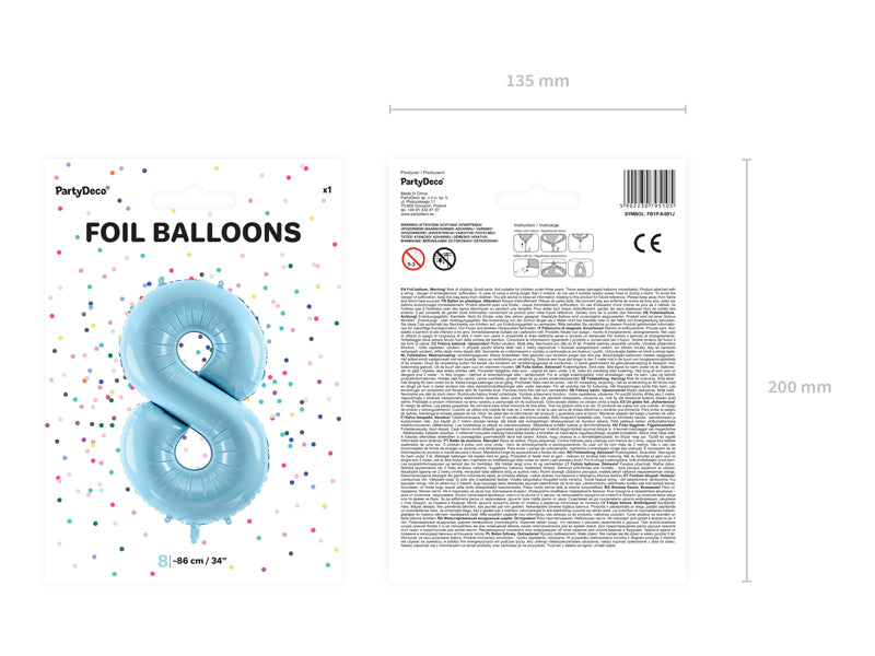 Folija balons Cipars ''8'', 86cm, light zils (Foil Balloon Number '', light blue)