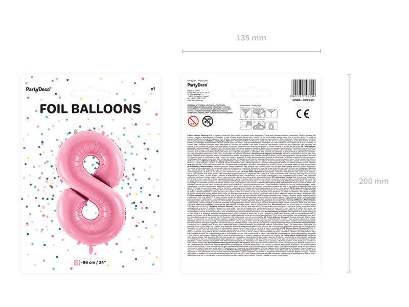 Folija balons Cipars ''8'', 86cm, rozā (Foil Balloon Number '', pink)