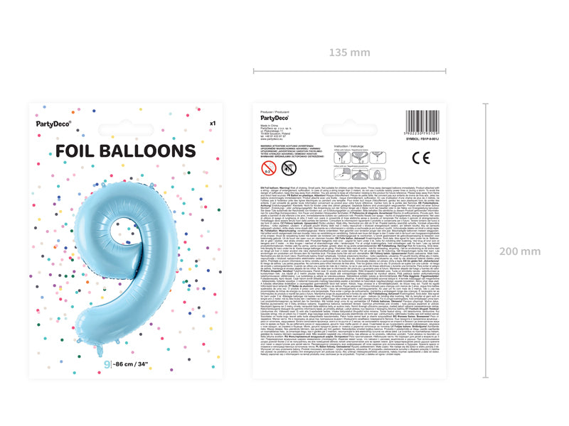 Folija balons Cipars ''9'', 86cm, light zils (Foil Balloon Number '', light blue)