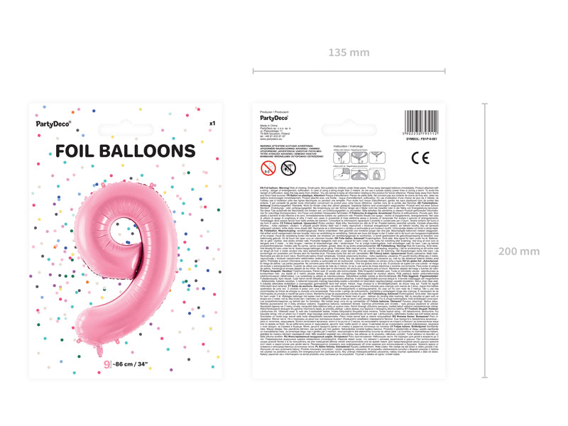 Folija balons Cipars ''9'', 86cm, rozā (Foil Balloon Number '', pink)