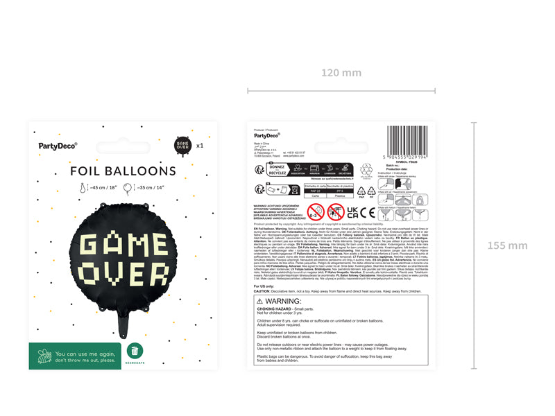 Folija balons Gamer over, 45 cm, melns (Foil balloon Gamer over, black)